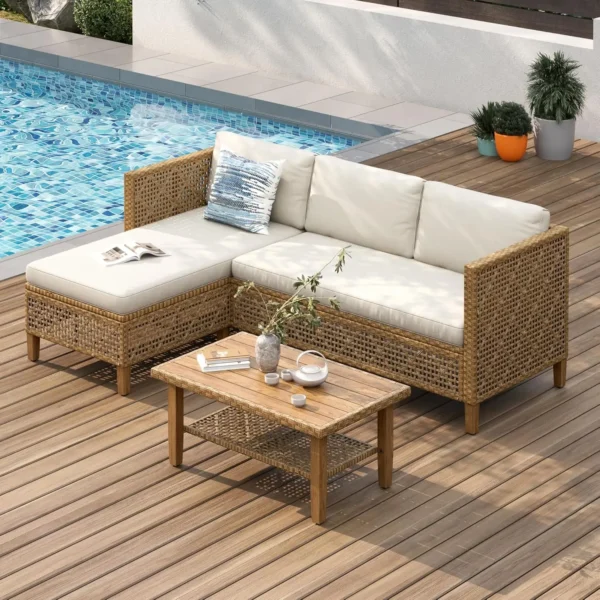 L-Shaped Outdoor Wicker Sectional Sofa Set with Cushions & Acacia Wood Coffee Table