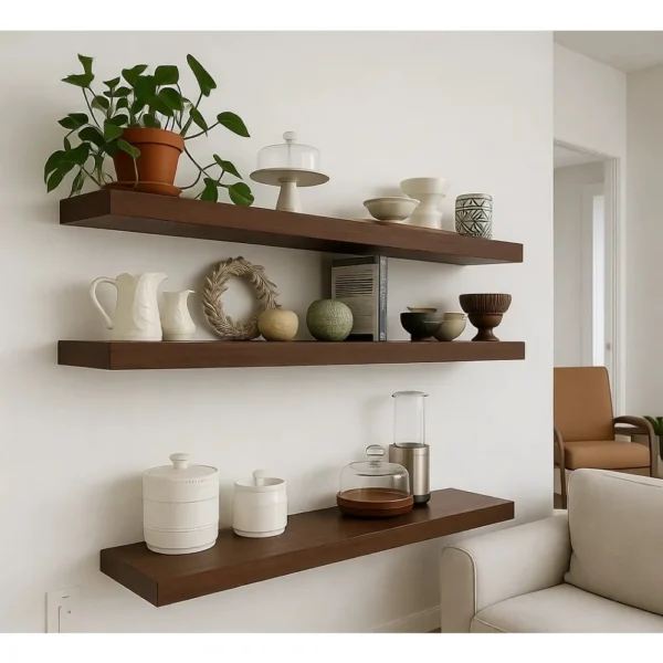 48" Two-Tier Natural Wood Floating Wall Shelves (Set of 2)