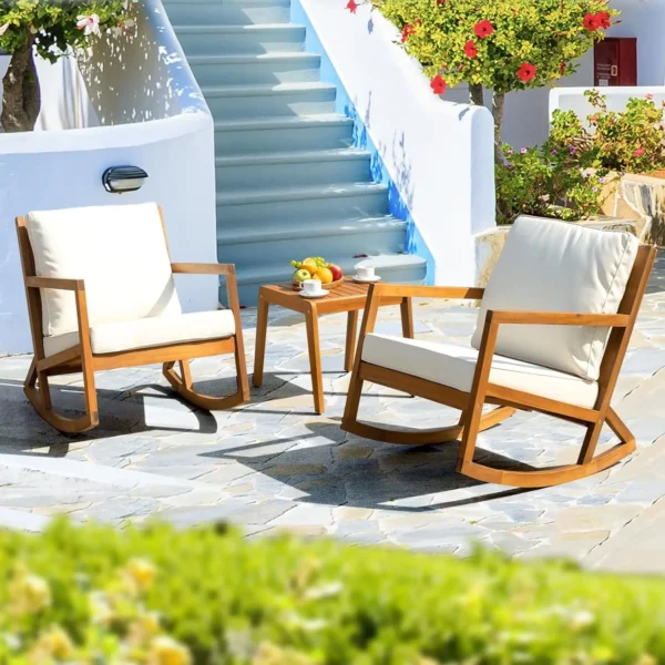 3-Piece Outdoor Rocking Bistro Set, Solid Wood Patio Chairs