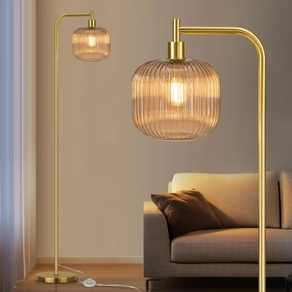 Glass Floor Lamp with Ribbed Champagne Shade