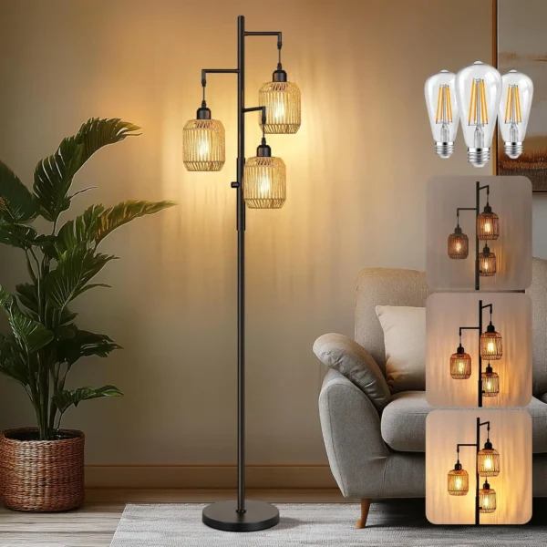68" Dimmable Boho Floor Lamp with 3 Rattan Cages, Industrial Farmhouse Standing Lamp