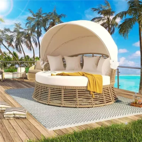 Outdoor Rattan Round Daybed with Retractable Canopy