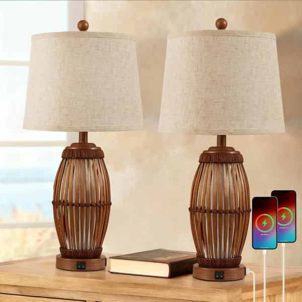 27" Bamboo Woven Table Lamps (Set of 2) with Nightlight & USB A+C Ports