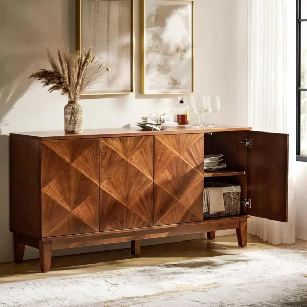 60" Mid-Century Walnut Sideboard Buffet with Adjustable Shelves