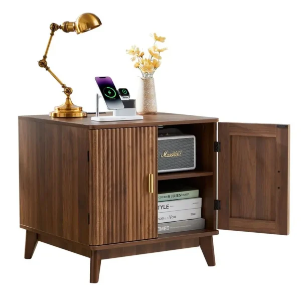 Mid-Century End Table with Charging Station, 2-Door Nightstand with Storage