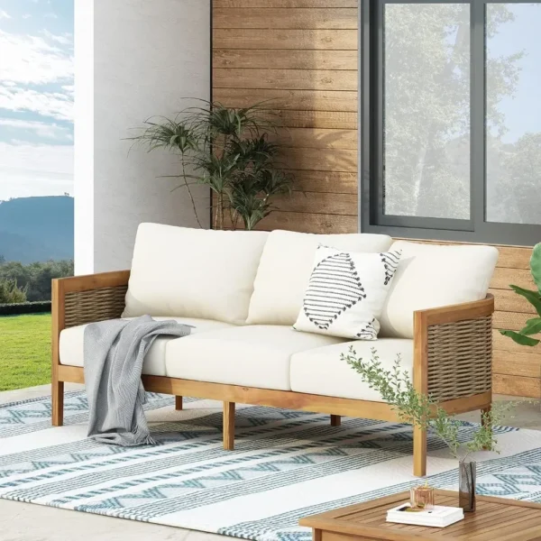 Outdoor Acacia Wood & Wicker 3-Seater Sofa, Patio Conversation Set