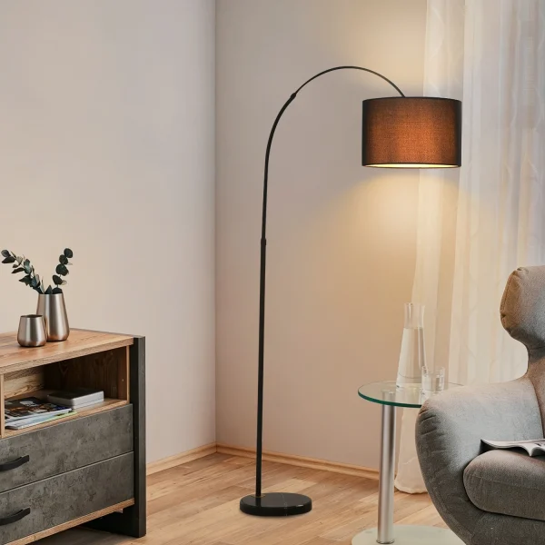 Mid-Century Matte Black Arc Floor Lamp with Gray Fabric Shade